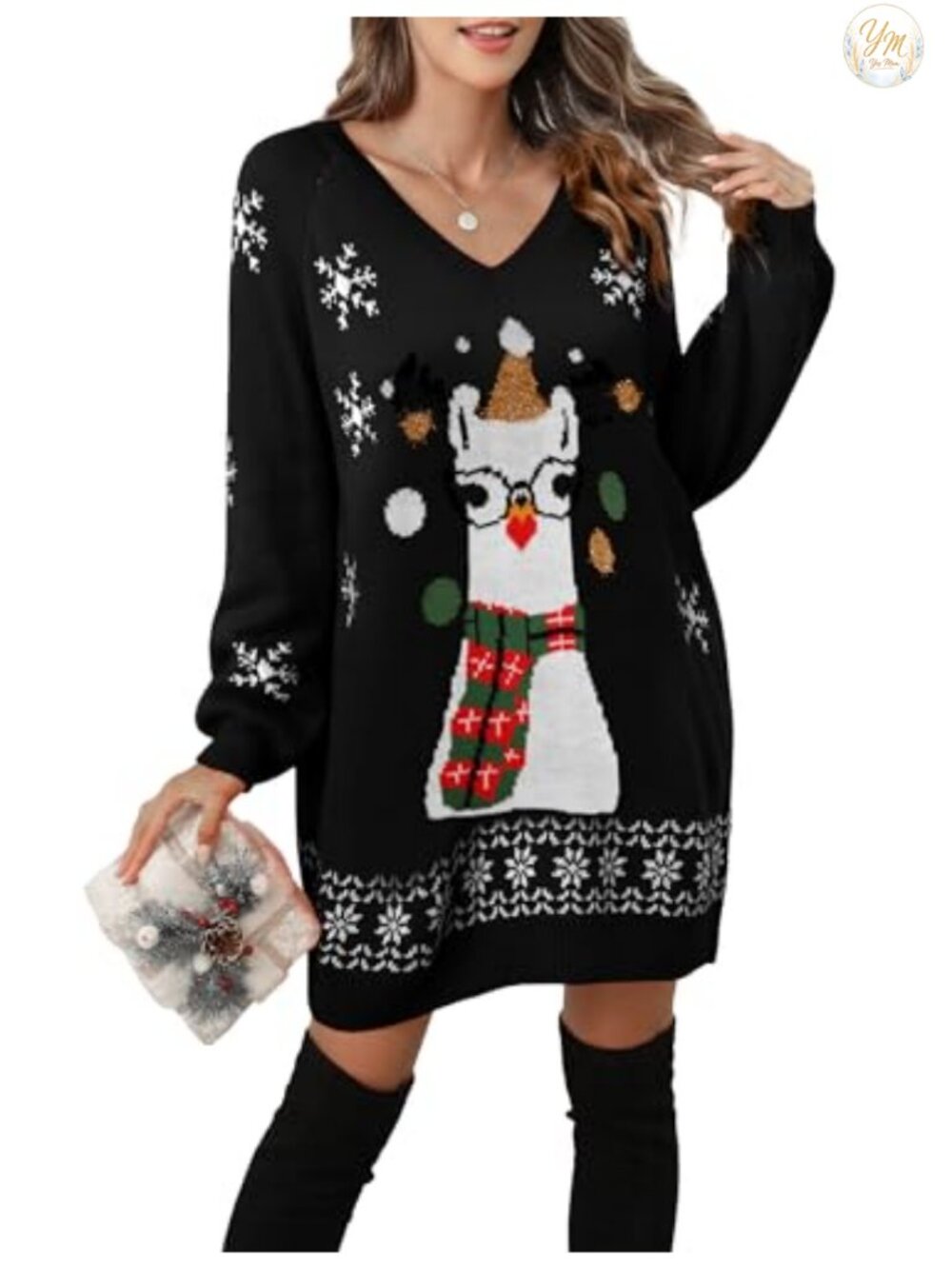 Ugly Christmas Sweater Dress V Neck Long Sleeve Loose Knit Mini